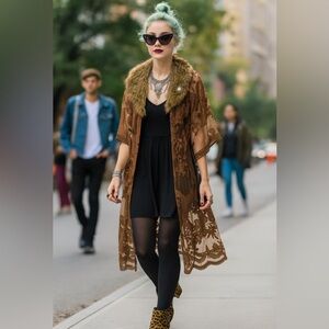 Faux fur collar embroidered lace kimono duster, One of a kind reworked, size L